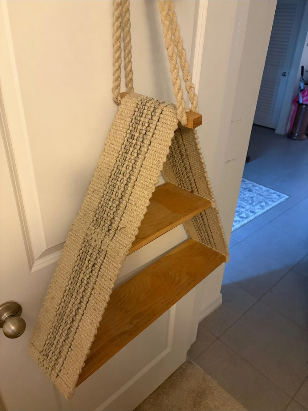 Boho cloth Cream and Blue Rope Triangle Wall Shelf with Wood Shelves